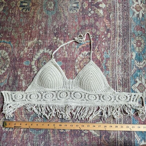 Women’s Boho Featival Crochet Fringe Halter Crop Top- Cream - Picture 1 of 7